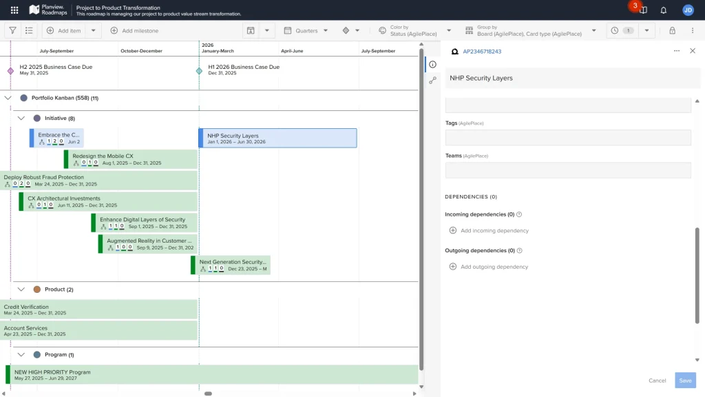 Painel do item no Planview Roadmaps com campos do AgilePlace, como tags e times, e seção Dependencies de entrada e saída