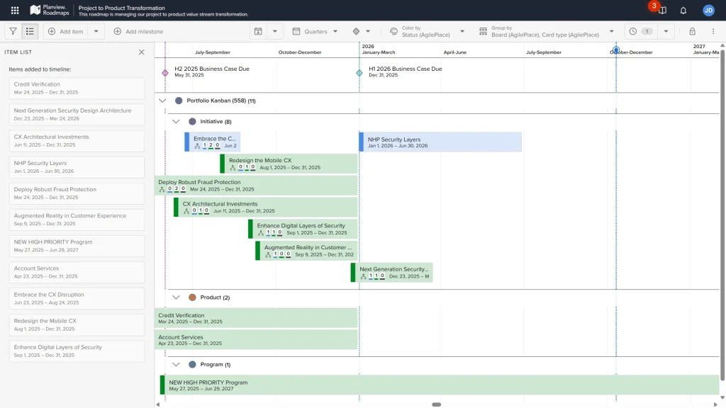 Roadmap no Planview Roadmaps com Item List, marcos de business case e itens AgilePlace por board e tipo de card, coloridos por status