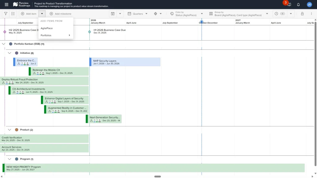Menu Add external item do Planview Roadmaps para adicionar itens a partir do Planview AgilePlace ou do Planview Portfolios
