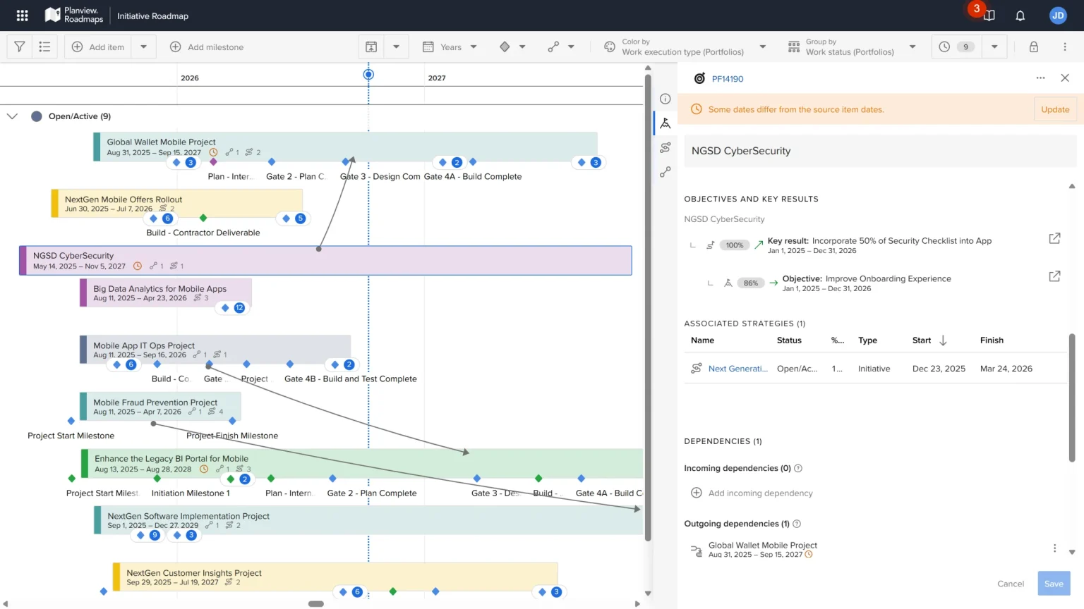 Detalhe de item do Portfolios no Planview Roadmaps com Objectives and Key Results vinculados, percentual de progresso e estratégias