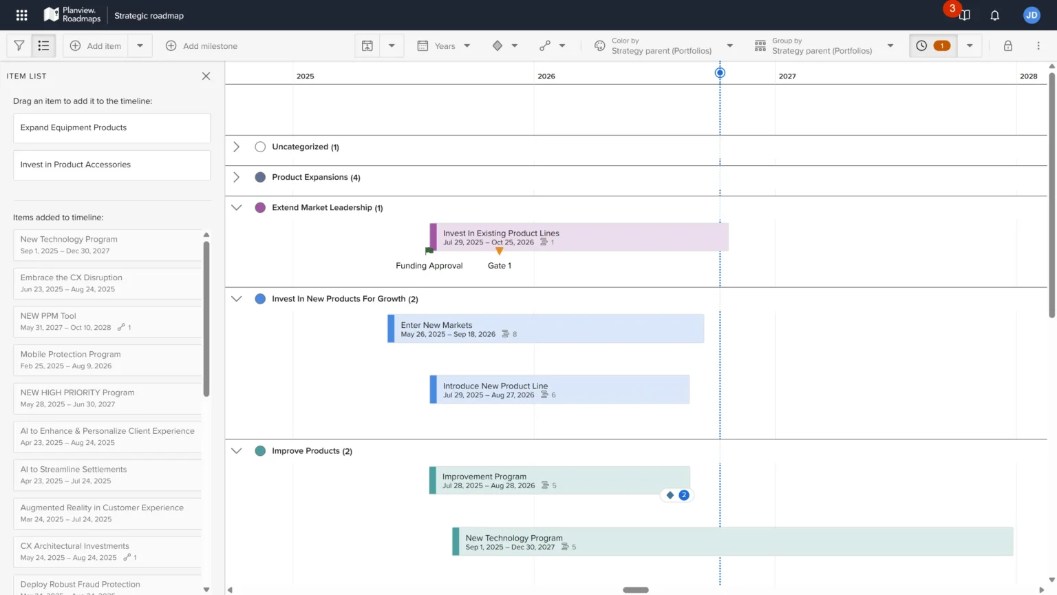 Strategic roadmap do Planview Roadmaps com Item List de itens do Portfolios ainda não agendados e itens no timeline anual