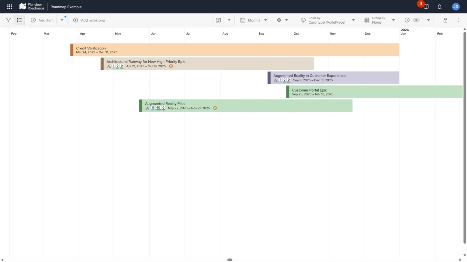 Roadmap do Planview Roadmaps em escala mensal com itens AgilePlace coloridos por card type, progresso dos cards filhos e alertas